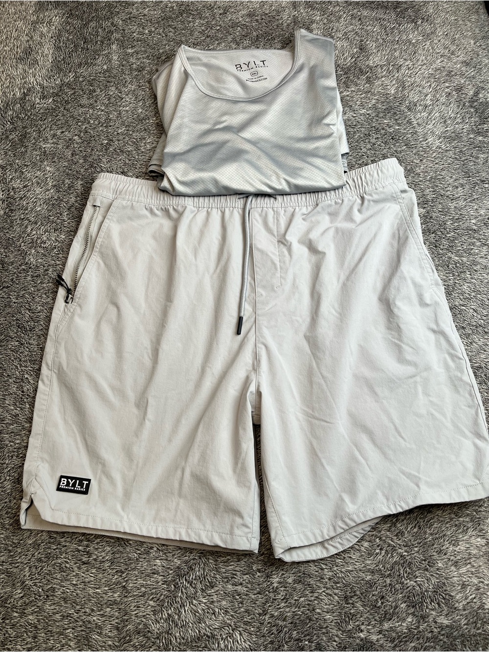 BYLT Premium Basics Men’s Long Sleeve Shirt & Hybrid Shorts Set - XXL Light Grey